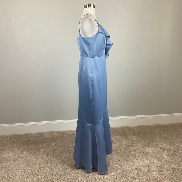 DKNY Satin Ruffled High Low Evening Gown Blue Size 16 Sleeveless V-Neck Dress - Picture 6 of 13